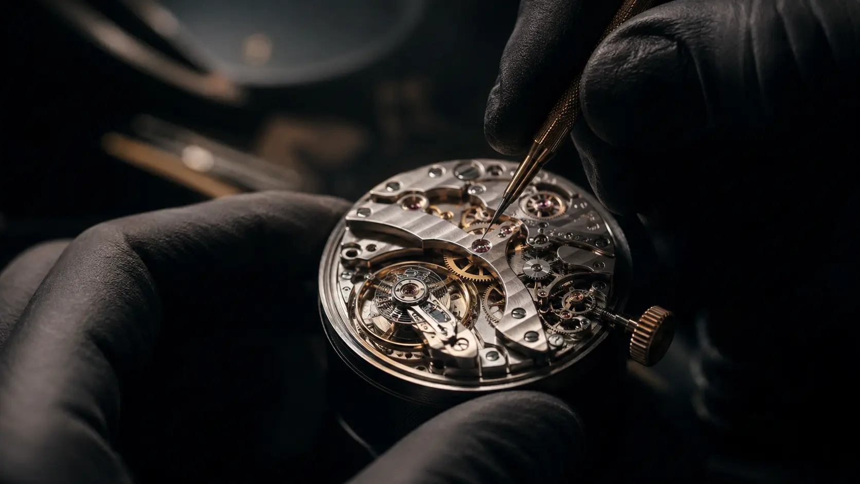 Feine Uhrmacherarbeit an einem geöffneten mechanischen Uhrwerk
